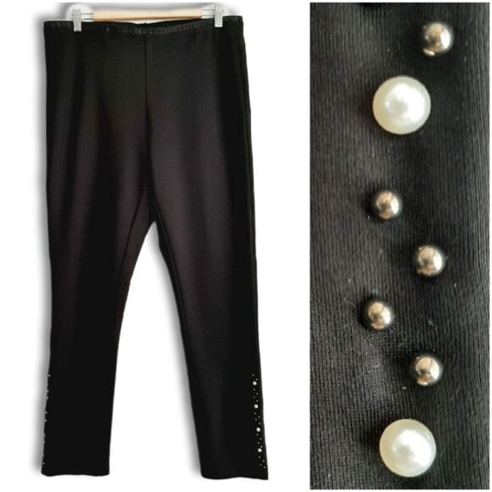 LAURA / Pull-On Pearl Ankle Embellished Slim Fit Stretch Legging Pant Black Sz L
